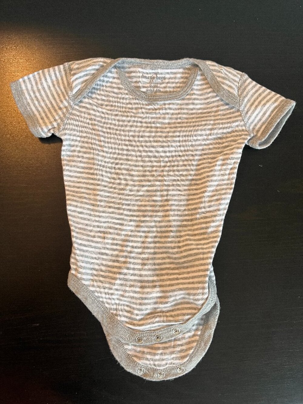 [$2 in a bundle] Burt's Bees 0-3 mo grey and white striped onesie